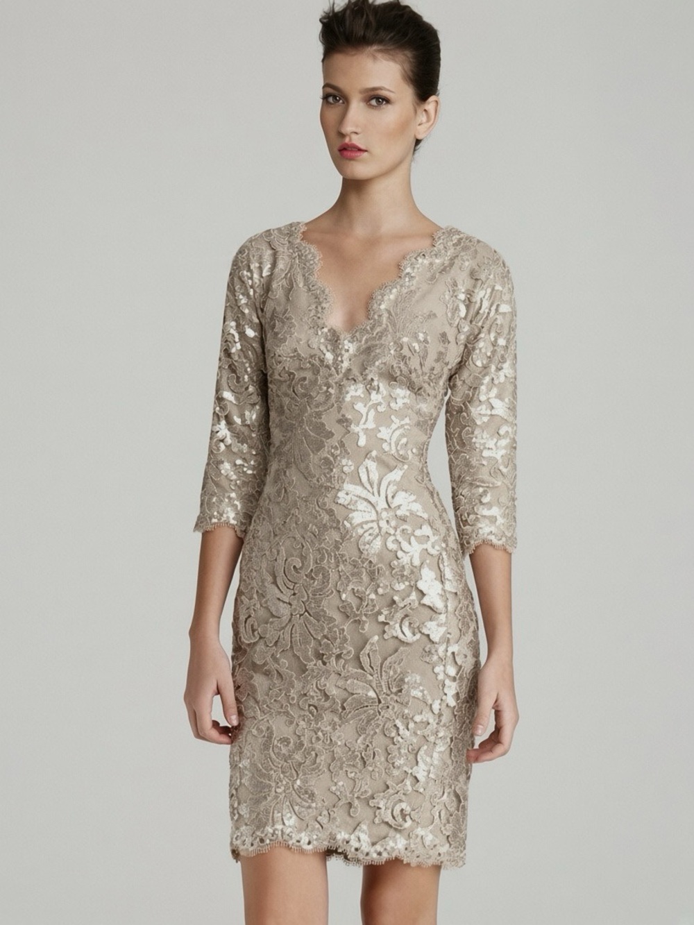 $618 Tadashi Shoji Sparkling Golden Sequins Embroidered Laced Midi Dress Size 8